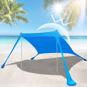 9.8x9.8FT Foldable Beach Canopy Tent Collapsible Shade Sail Sun Protection Windproof Shelter 4 Sandbag 2 Pole Portable Storage Bag Rectangle Blue