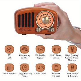 Portable FM Radio (R919) With 5.0 BT Speaker; Walnut Wooden FM Radio With Old Fashioned Classic Style; Strong Bass Enhancement; Loud Volume (Color: Cherry)